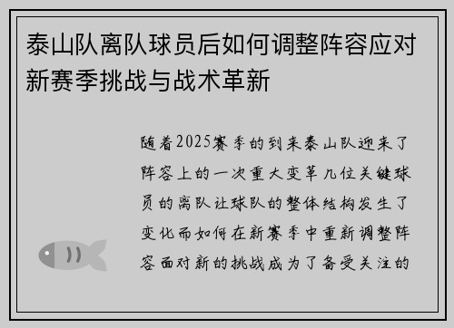 泰山队离队球员后如何调整阵容应对新赛季挑战与战术革新