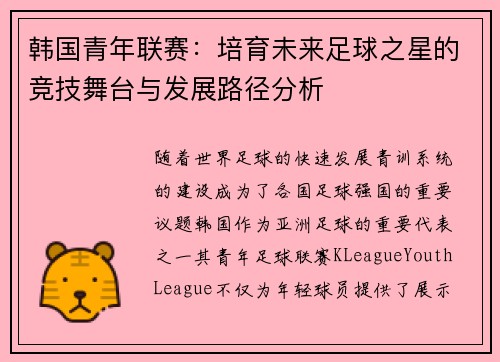 韩国青年联赛：培育未来足球之星的竞技舞台与发展路径分析