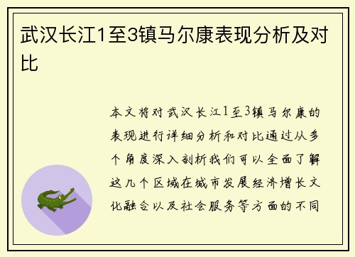 武汉长江1至3镇马尔康表现分析及对比