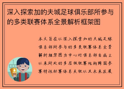 深入探索加的夫城足球俱乐部所参与的多类联赛体系全景解析框架图