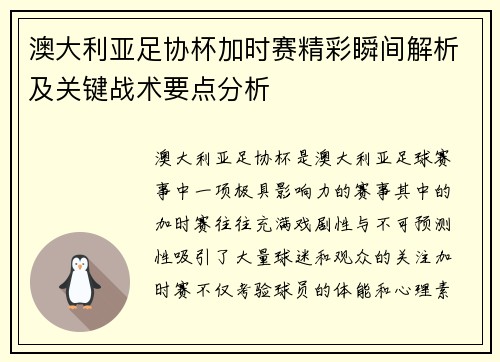 澳大利亚足协杯加时赛精彩瞬间解析及关键战术要点分析